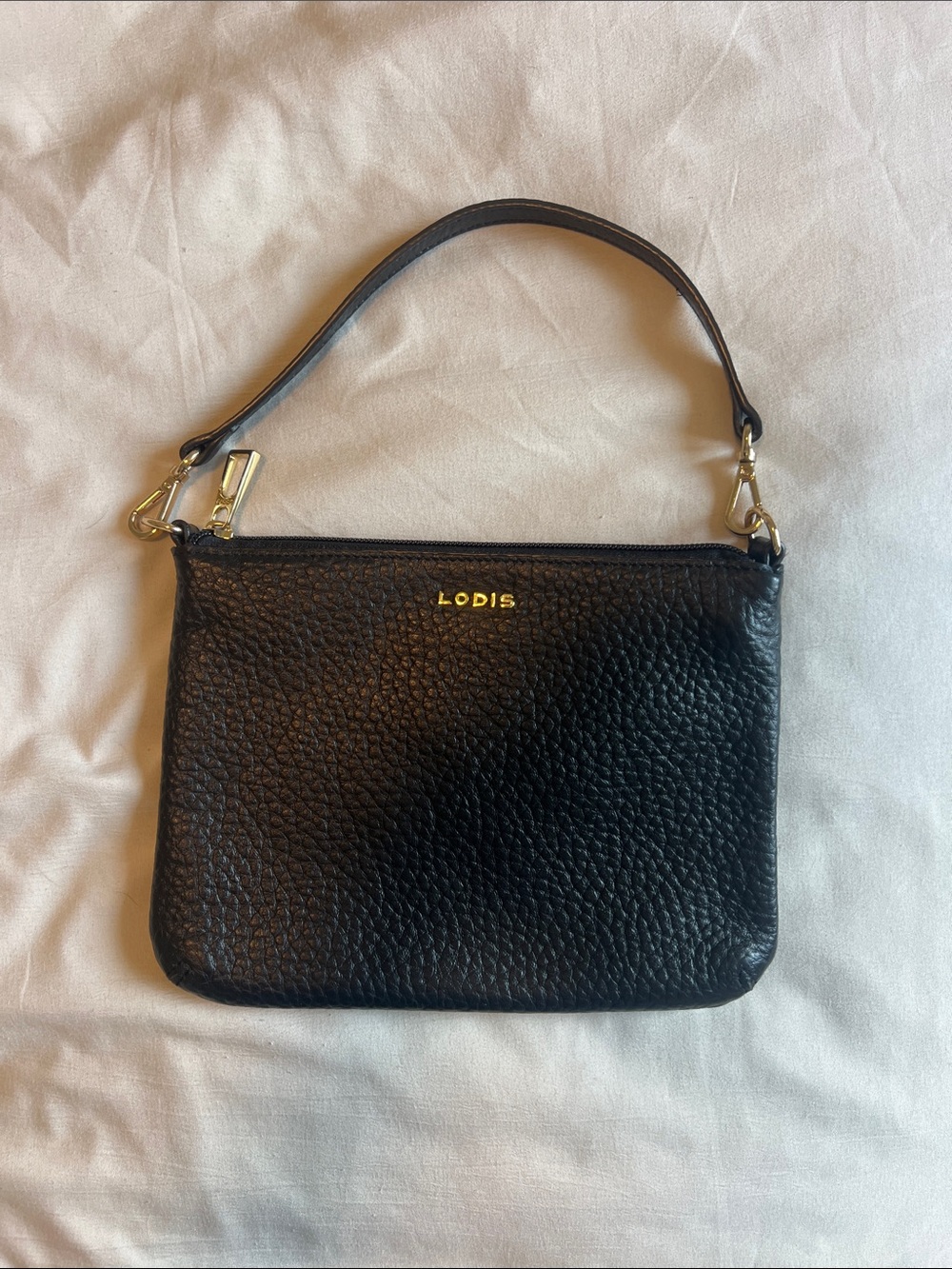 LODIS Black Pebbled Leather Wristlet with Gold Hardware
